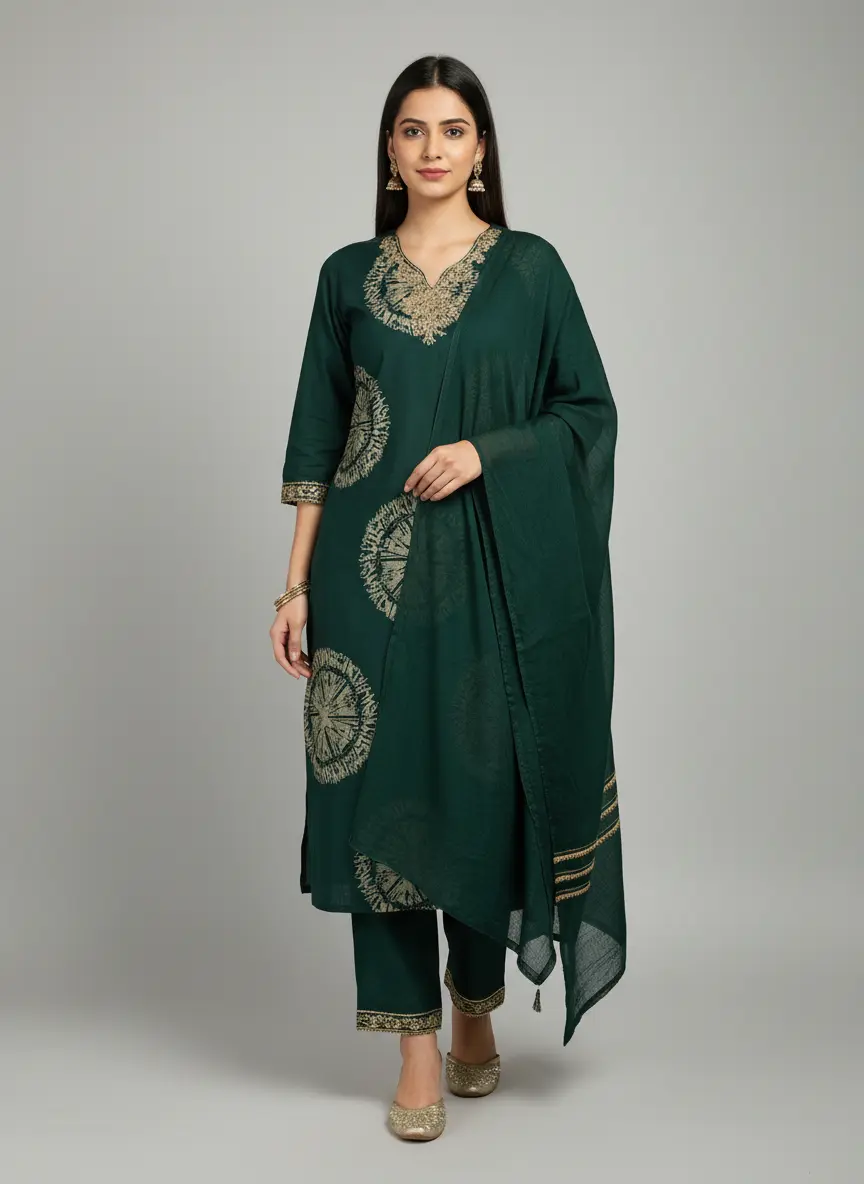 Royal Green/Wine Kurti Set with Dupatta – Elegant Ethnic Wear