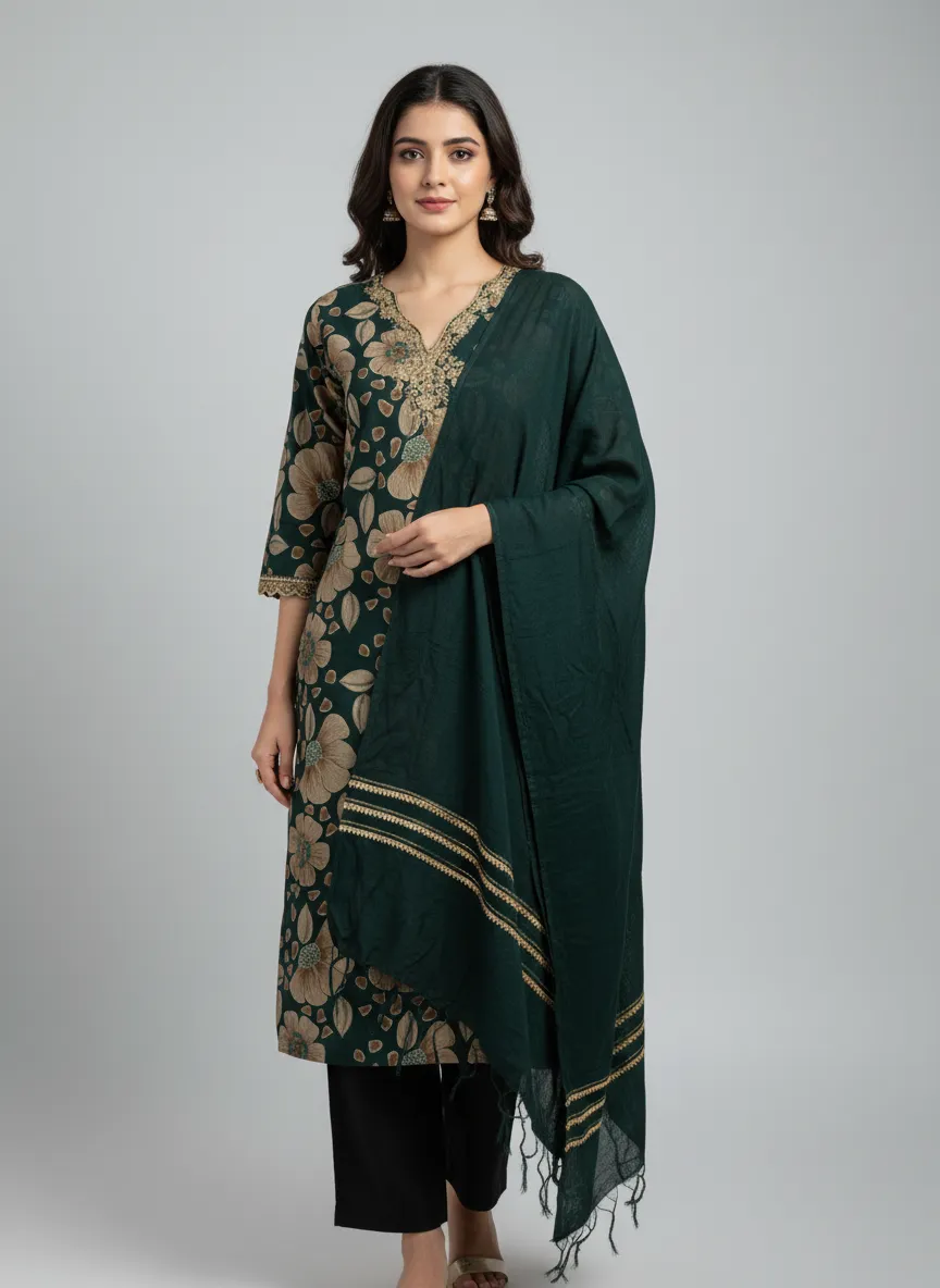 Stylish Bottle Green & Wine Vatican Kurti Set with Dyable Dupatta - Image 8
