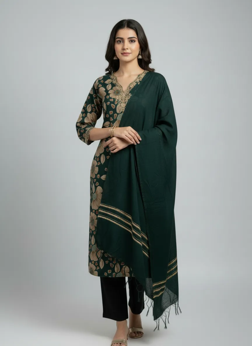 Stylish Bottle Green & Wine Vatican Kurti Set with Dyable Dupatta