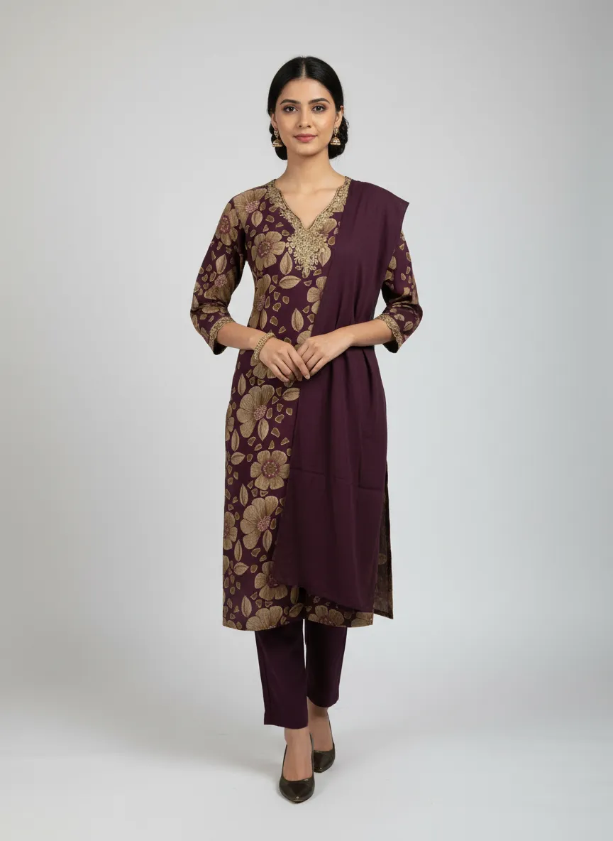 Stylish Bottle Green & Wine Vatican Kurti Set with Dyable Dupatta - Image 4