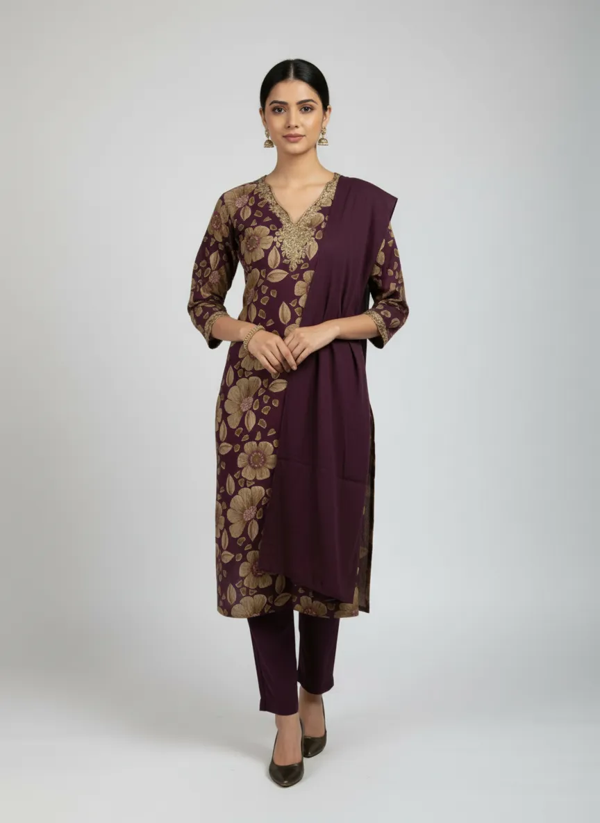 Stylish Bottle Green & Wine Vatican Kurti Set with Dyable Dupatta - Image 3