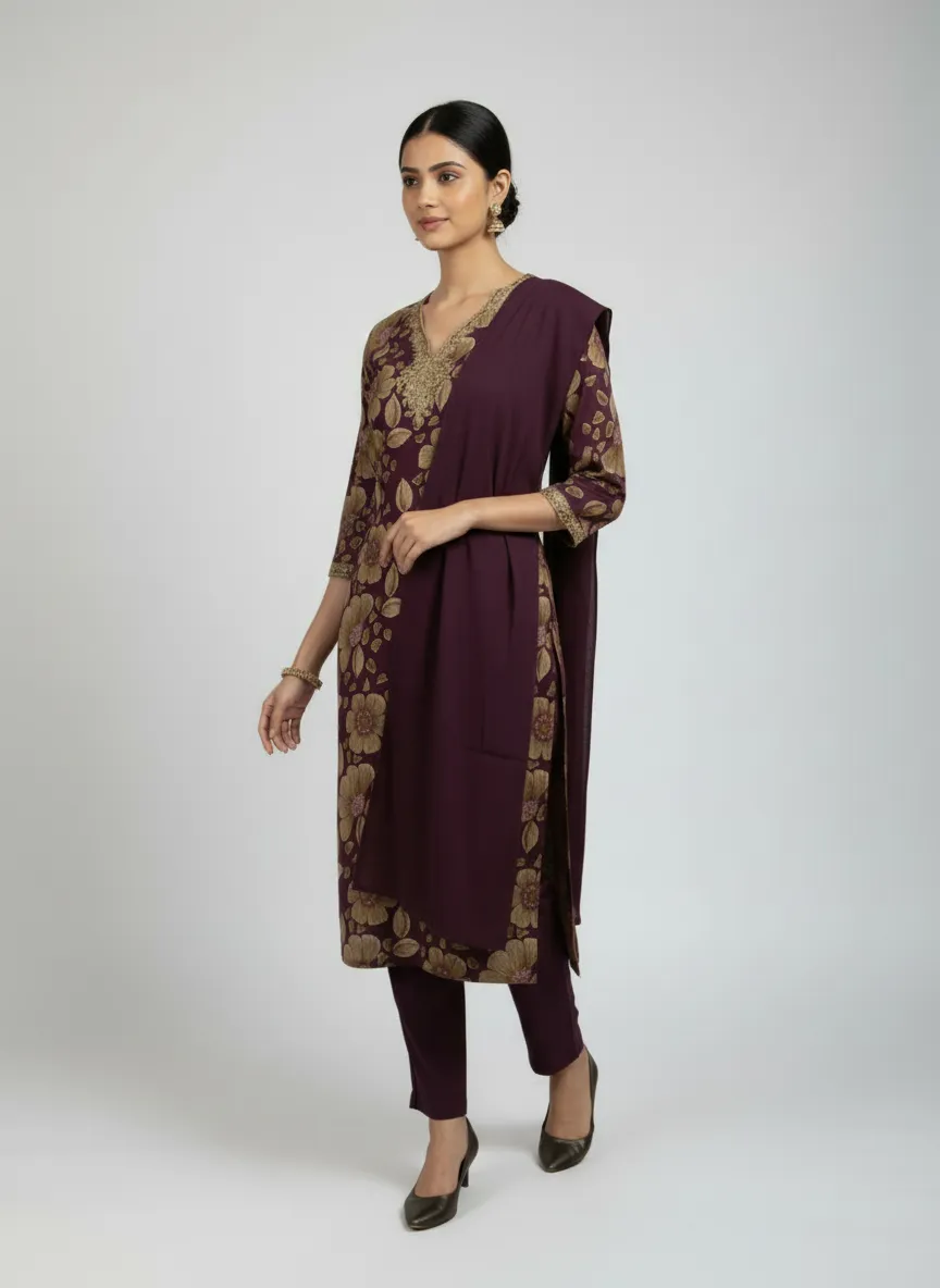 Stylish Bottle Green & Wine Vatican Kurti Set with Dyable Dupatta - Image 2