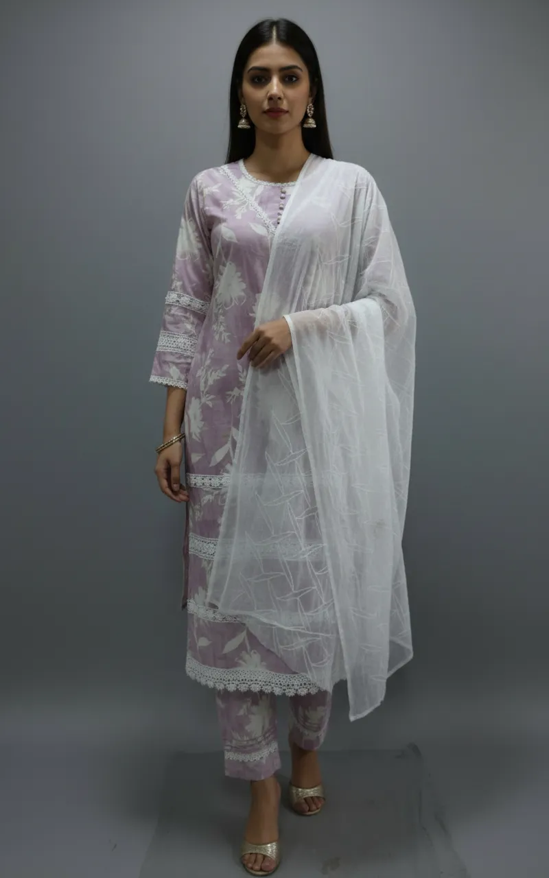 Designer Chanderi Foil Fabric Dress Set with Chiffon Embroidery Dupatta