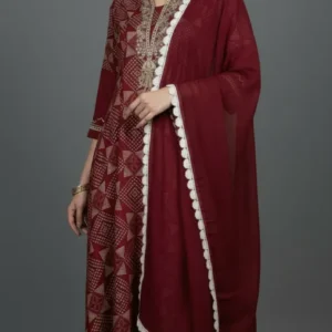 Elegant Gaji Silk Dress Set with Dyable Dupatta – Bottle Green / Wine / Maroon