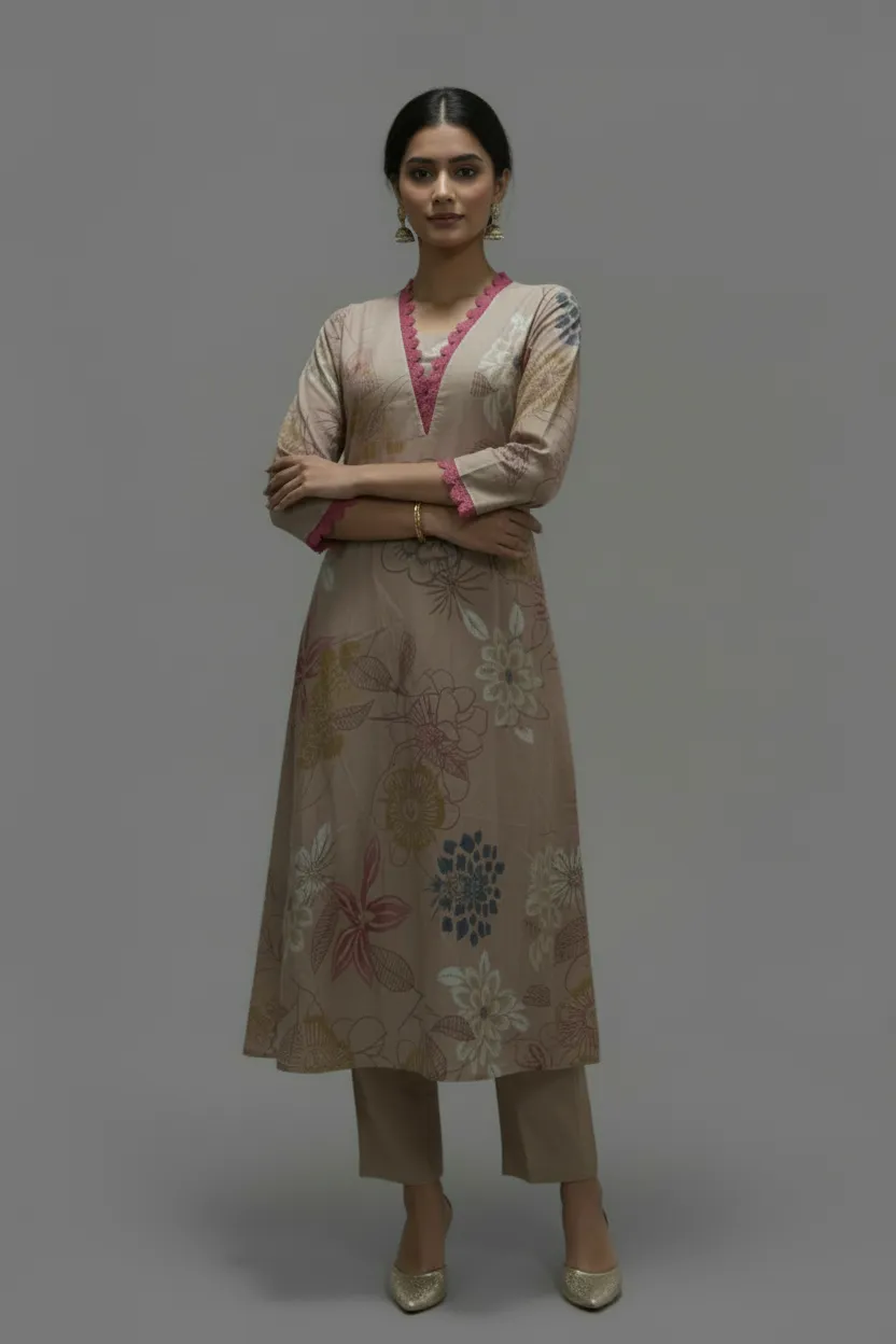 Dark Pink & Chikku Rayon 2-Piece Kurti Set (M–XXL)