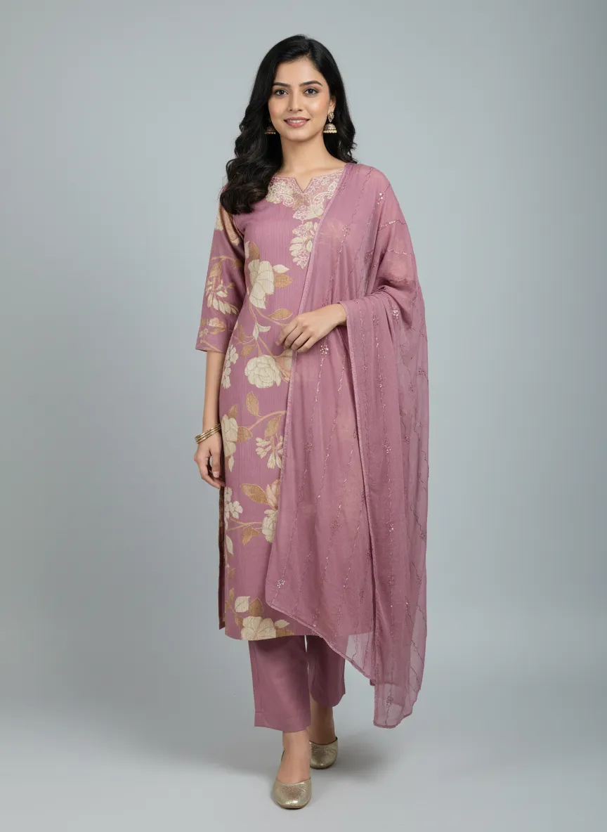 Sky Blue & Pink Berlin Fabric Dress Set with Sequin Chiffon Dupatta (M–XXL) - Image 6
