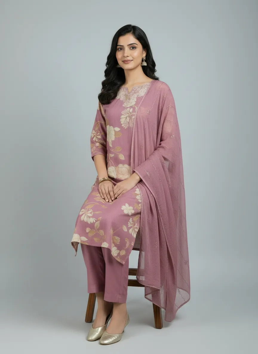 Sky Blue & Pink Berlin Fabric Dress Set with Sequin Chiffon Dupatta (M–XXL) - Image 4