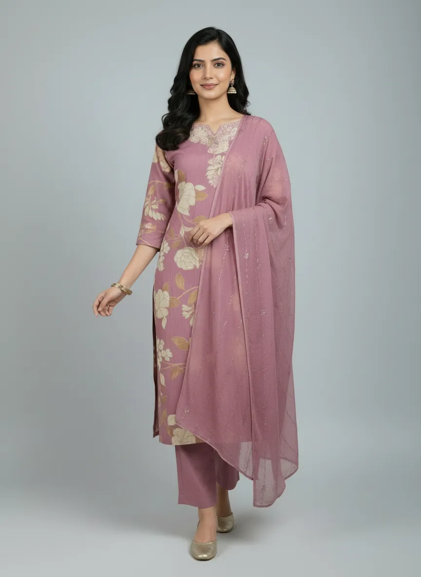 Sky Blue & Pink Berlin Fabric Dress Set with Sequin Chiffon Dupatta (M–XXL)