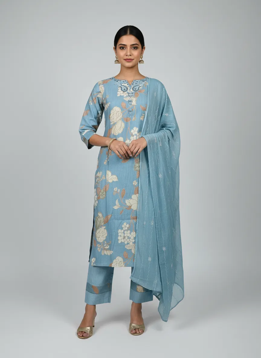 Sky Blue & Pink Berlin Fabric Dress Set with Sequin Chiffon Dupatta (M–XXL) - Image 3