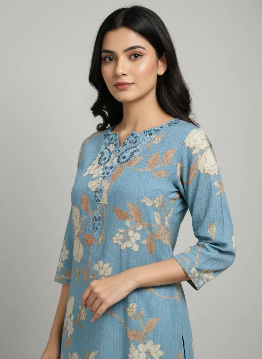 Sky Blue & Pink Berlin Fabric Dress Set with Sequin Chiffon Dupatta (M–XXL) - Image 8