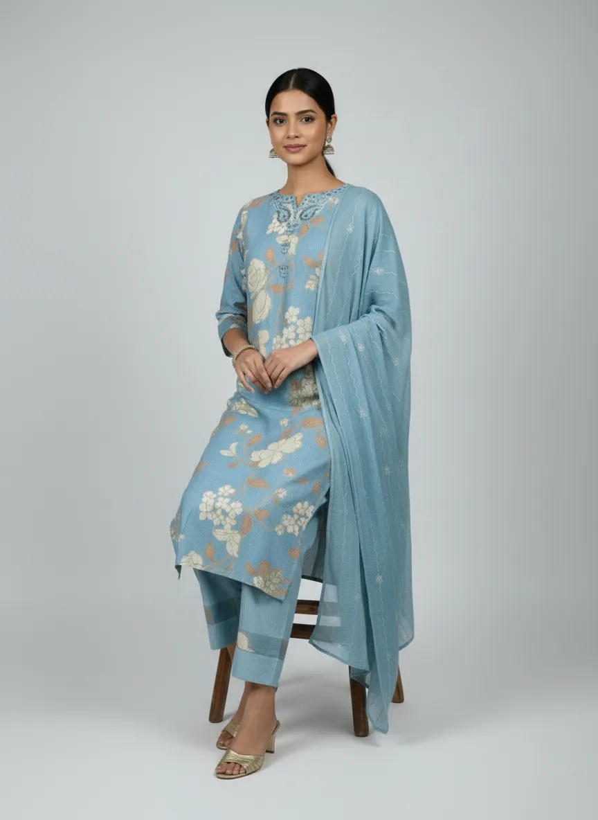 Sky Blue & Pink Berlin Fabric Dress Set with Sequin Chiffon Dupatta (M–XXL) - Image 7