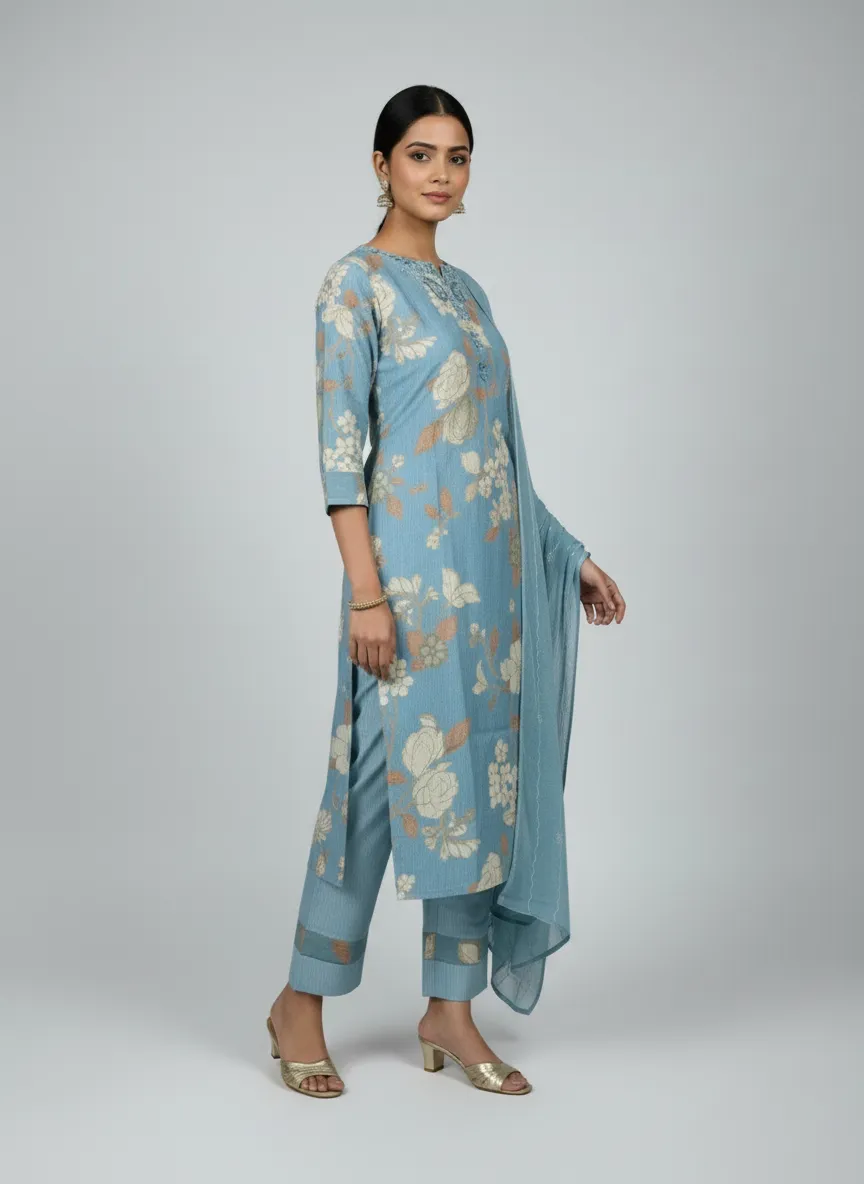 Sky Blue & Pink Berlin Fabric Dress Set with Sequin Chiffon Dupatta (M–XXL) - Image 2