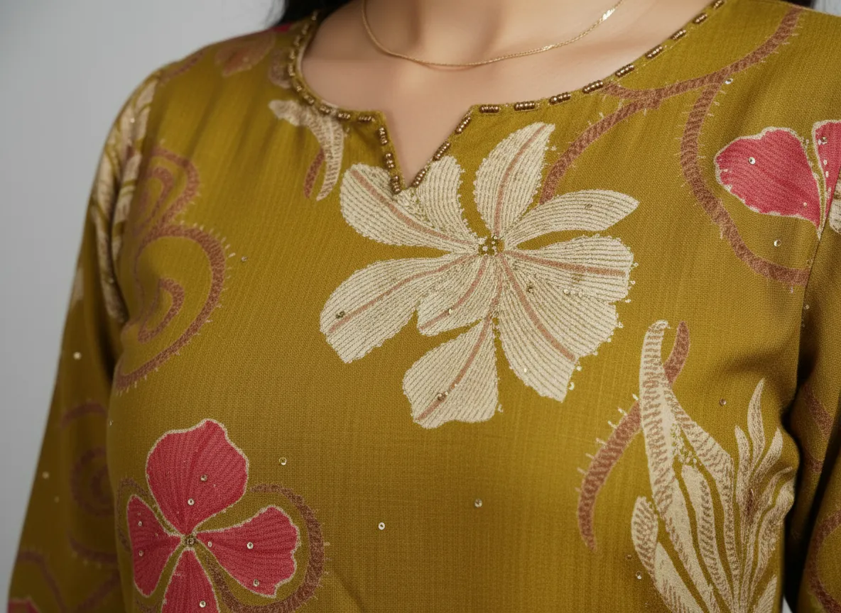 Mustard & Dark Blue Berlin Fabric 2-Piece Kurti Set (M–XXL) - Image 3