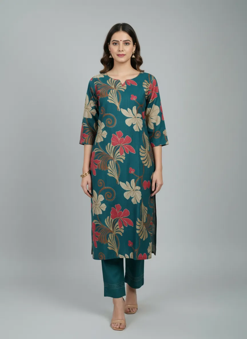 Mustard & Dark Blue Berlin Fabric 2-Piece Kurti Set (M–XXL)