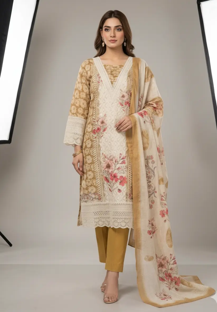 Mustard & Dark Pink Schiffli Work Dress Set with Organza Dupatta - Image 5
