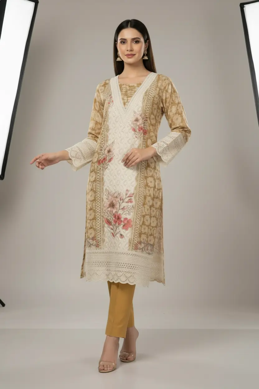 Mustard & Dark Pink Schiffli Work Dress Set with Organza Dupatta - Image 4