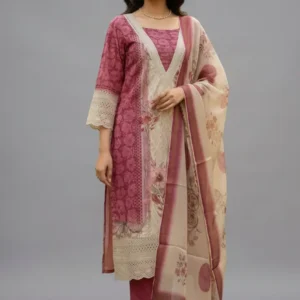 Mustard & Dark Pink Schiffli Work Dress Set with Organza Dupatta