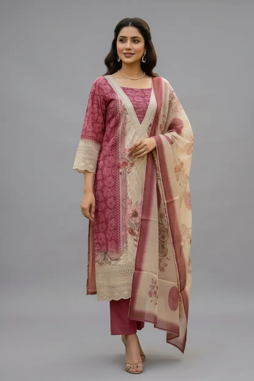 Mustard & Dark Pink Schiffli Work Dress Set with Organza Dupatta