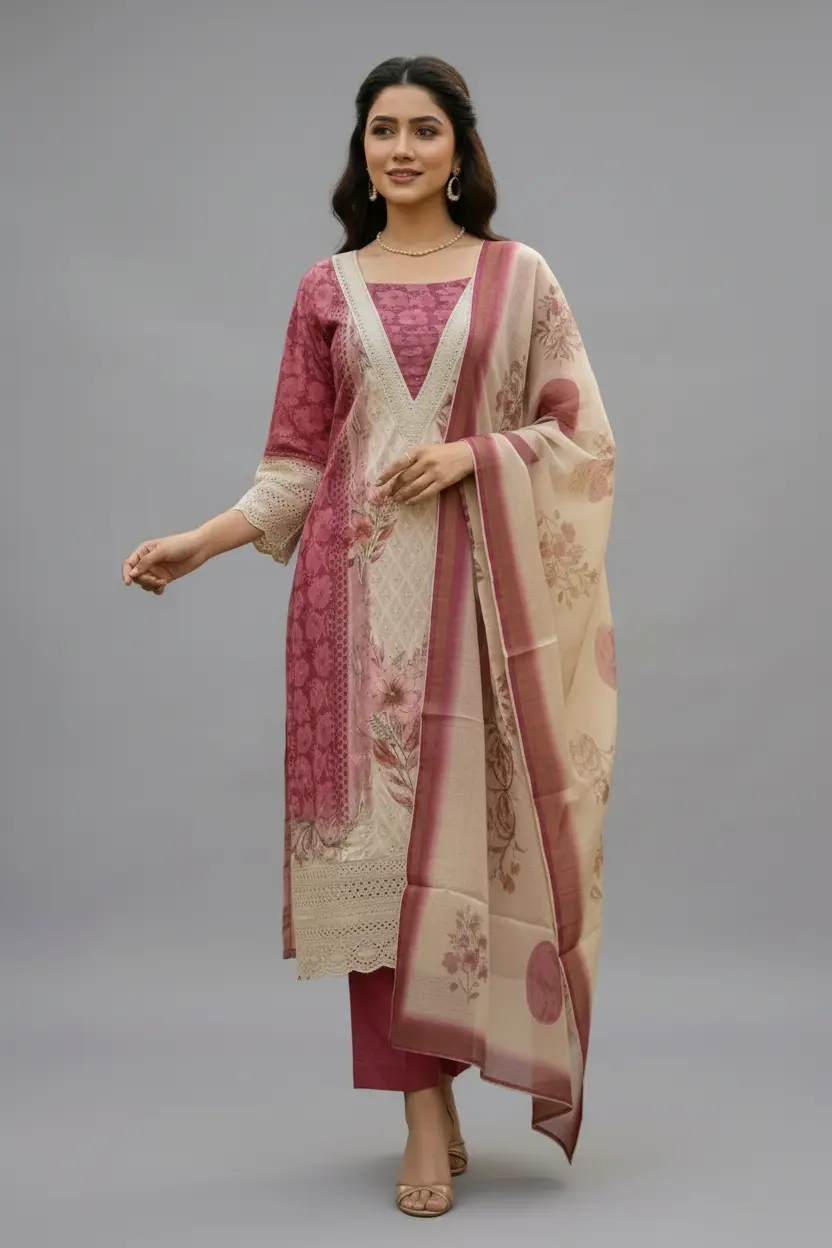 Mustard & Dark Pink Schiffli Work Dress Set with Organza Dupatta - Image 3