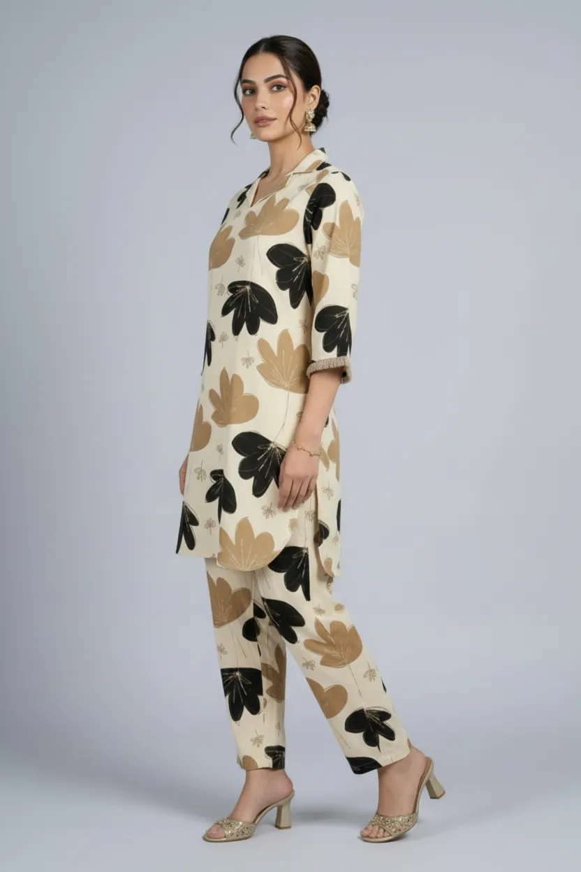 Cream & Black Rayon Foil Print Co-ord Set - Image 2