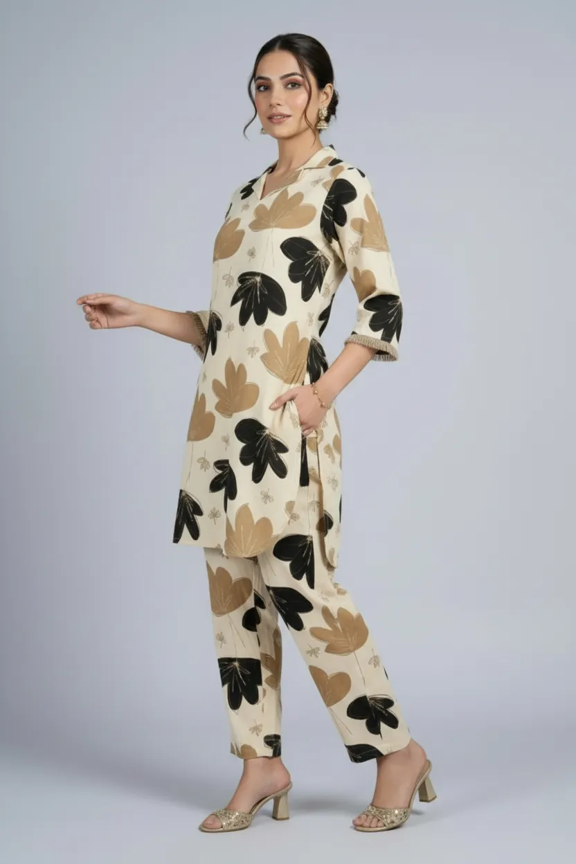 Cream & Black Rayon Foil Print Co-ord Set - Image 3