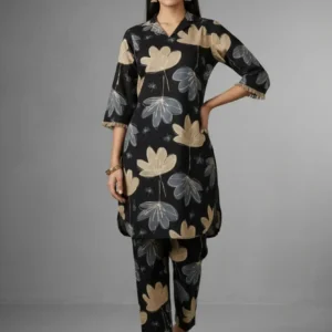 Cream & Black Rayon Foil Print Co-ord Set