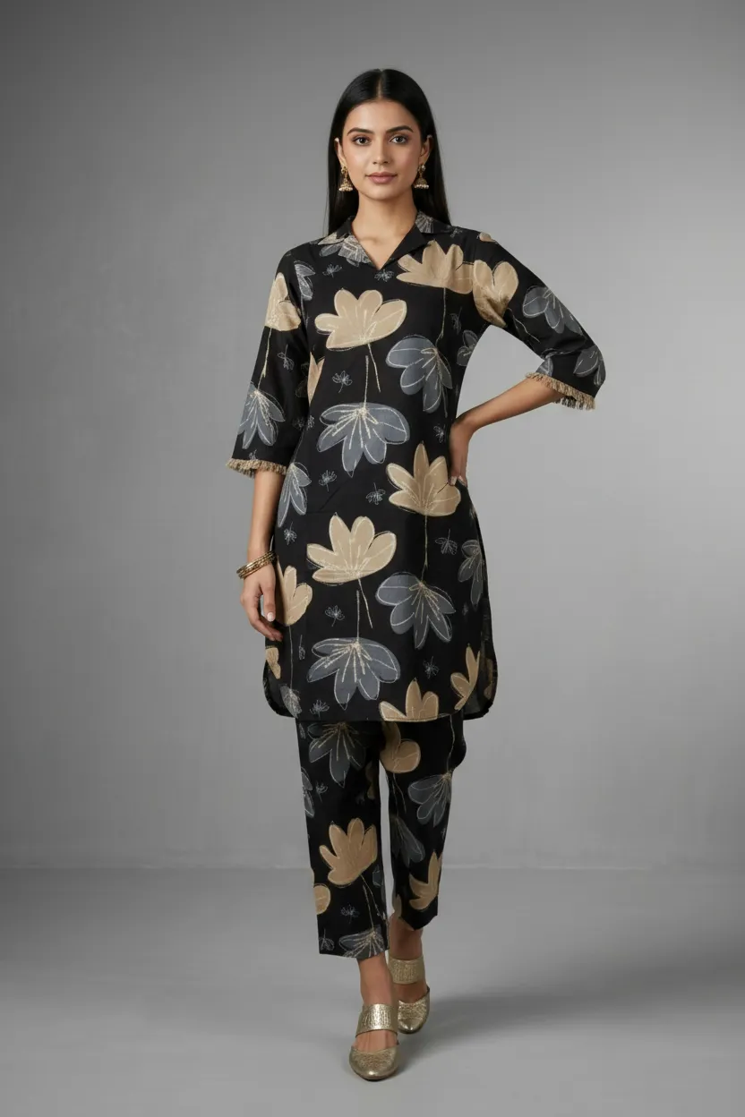 Cream & Black Rayon Foil Print Co-ord Set