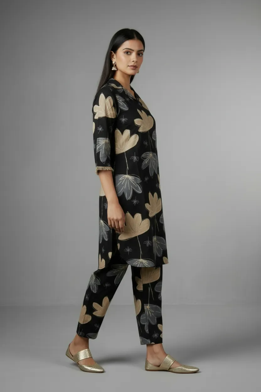 Cream & Black Rayon Foil Print Co-ord Set - Image 4