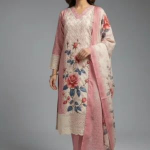 Sky Blue & Peach Schiffli Work Dress Set with Organza Dupatta (M–XXL)