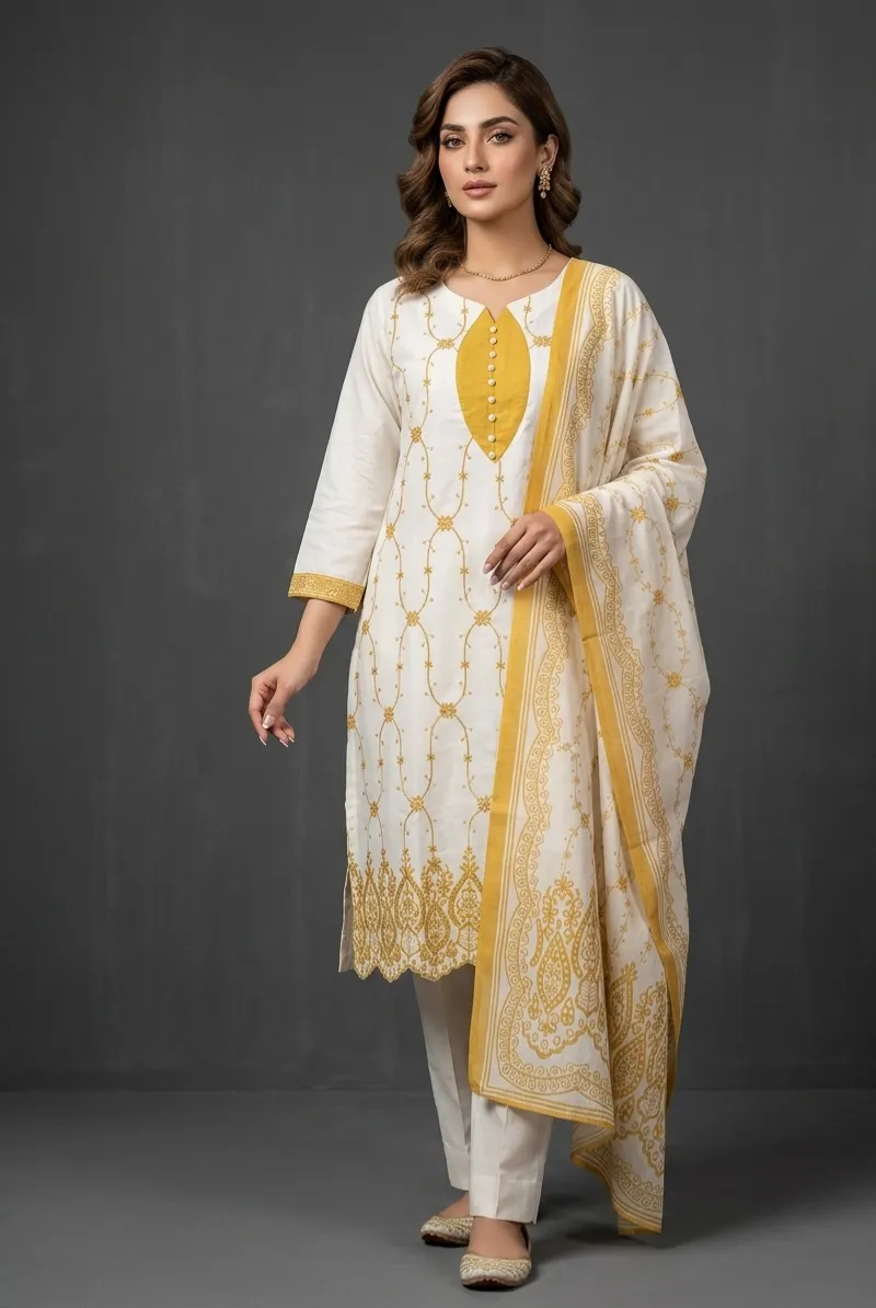 Yellow & Lavender Embroidered Mal Cotton Dress Set with Printed Dupatta (M–XXL) - Image 2