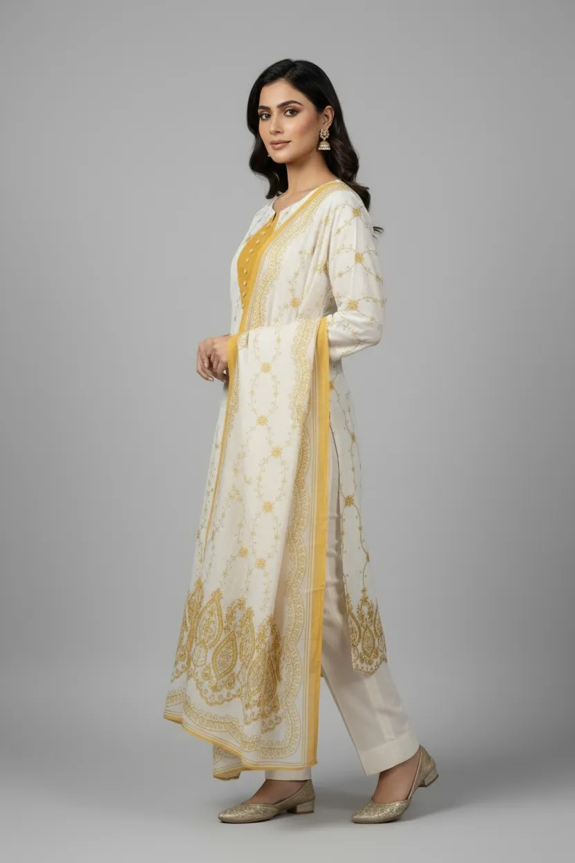 Yellow & Lavender Embroidered Mal Cotton Dress Set with Printed Dupatta (M–XXL) - Image 3