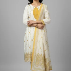 Yellow & Lavender Embroidered Mal Cotton Dress Set with Printed Dupatta (M–XXL)
