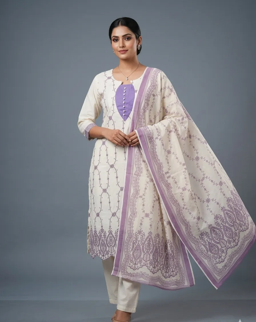 Yellow & Lavender Embroidered Mal Cotton Dress Set with Printed Dupatta (M–XXL) - Image 5
