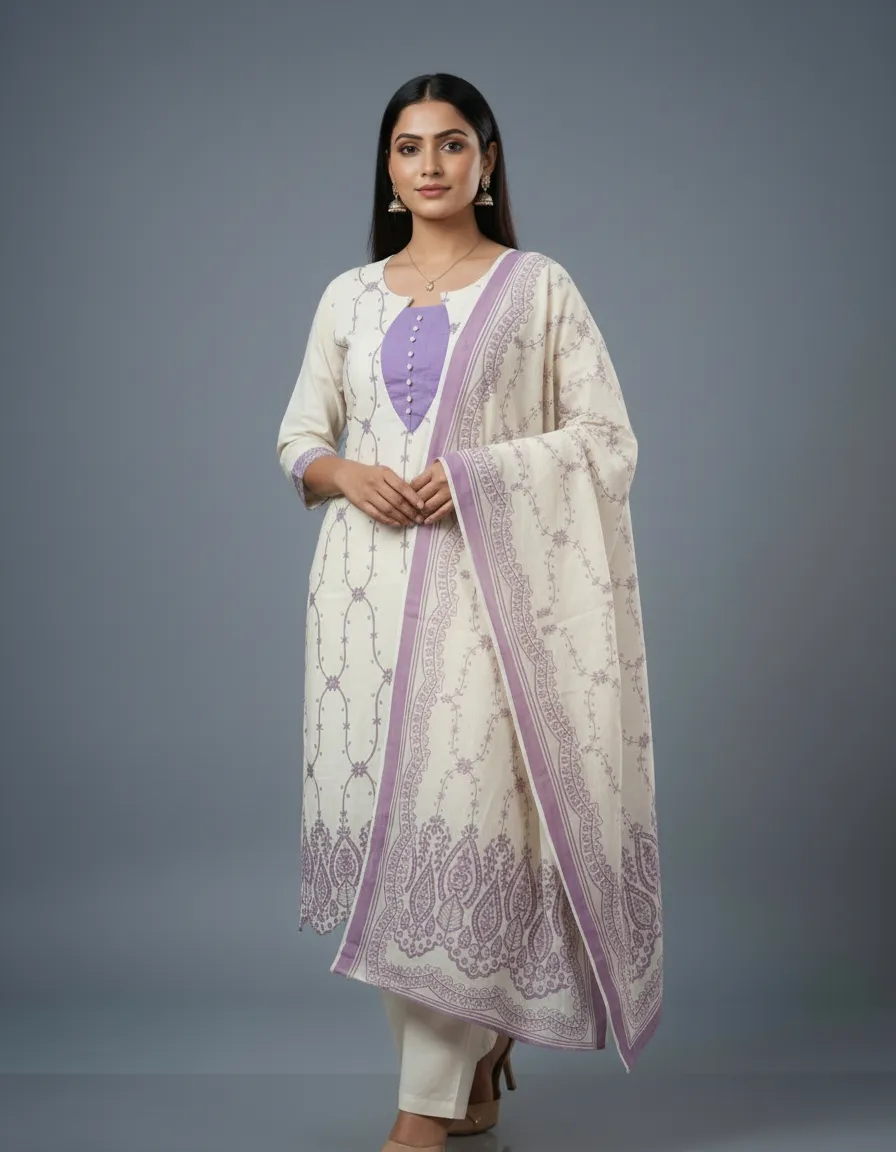 Yellow & Lavender Embroidered Mal Cotton Dress Set with Printed Dupatta (M–XXL) - Image 6