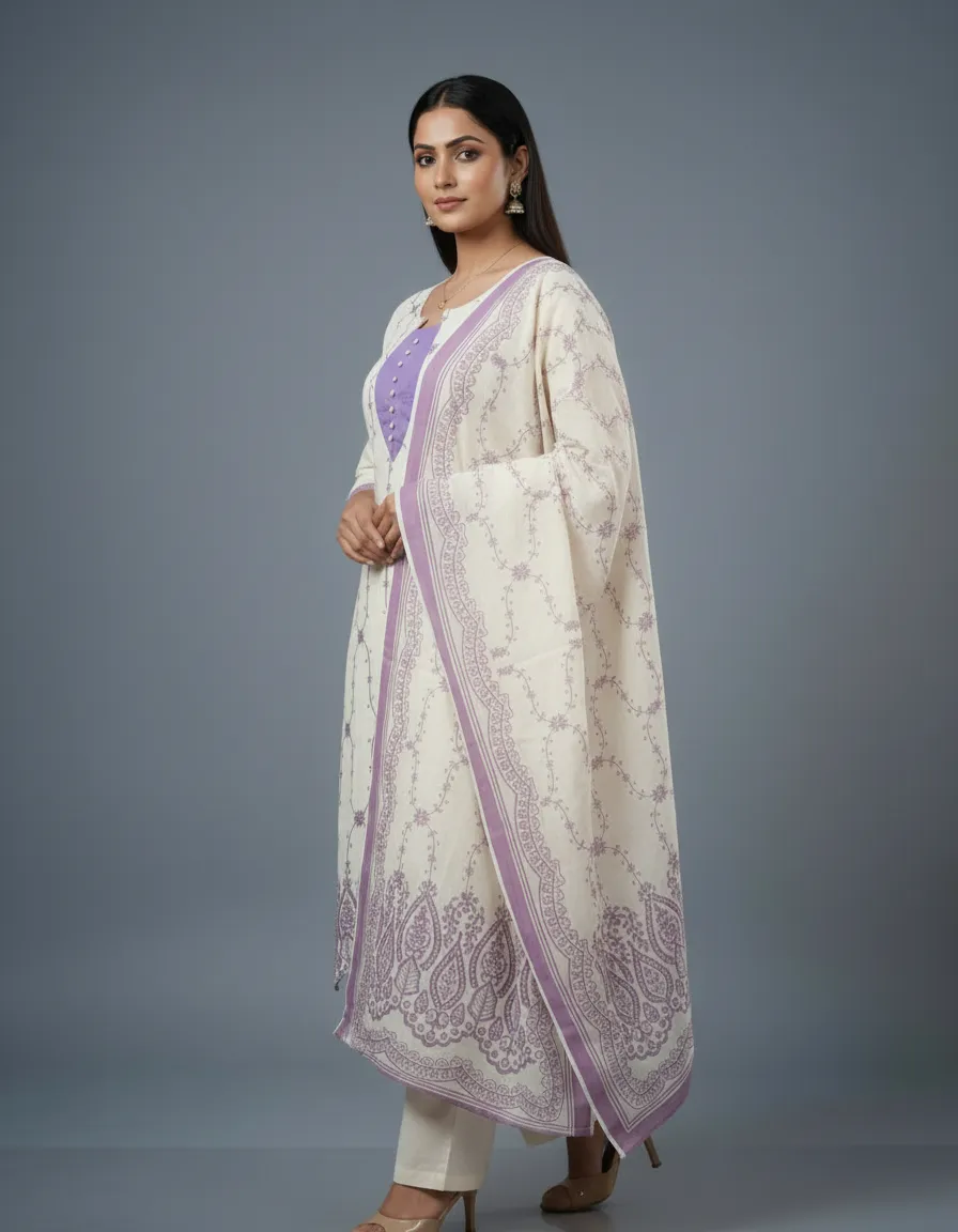 Yellow & Lavender Embroidered Mal Cotton Dress Set with Printed Dupatta (M–XXL) - Image 7