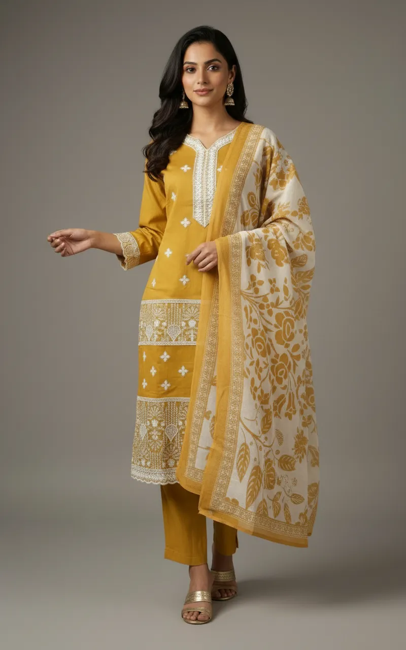 Mustard & Maroon Embroidered Mal Chanderi Dress Set with Printed Dupatta (M–XXL) - Image 2