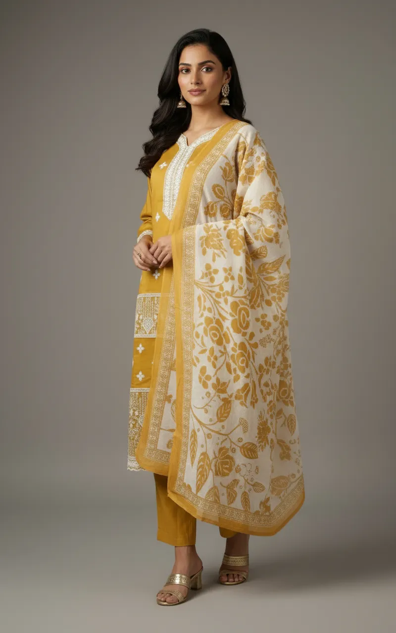 Mustard & Maroon Embroidered Mal Chanderi Dress Set with Printed Dupatta (M–XXL) - Image 3