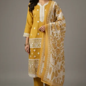 Mustard & Maroon Embroidered Mal Chanderi Dress Set with Printed Dupatta (M–XXL)