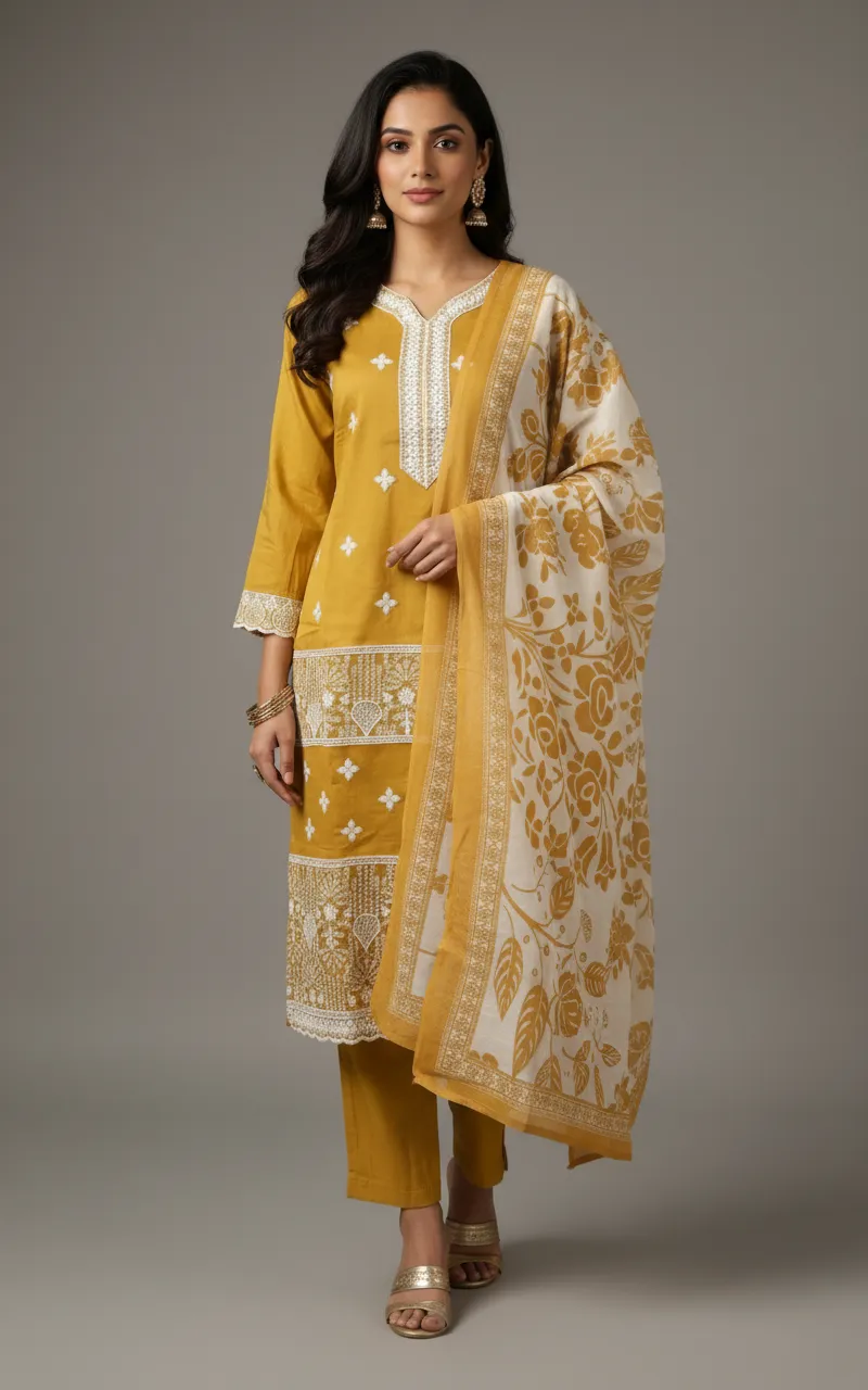 Mustard & Maroon Embroidered Mal Chanderi Dress Set with Printed Dupatta (M–XXL)