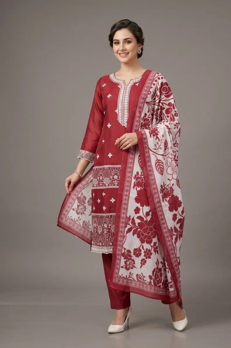 Mustard & Maroon Embroidered Mal Chanderi Dress Set with Printed Dupatta (M–XXL) - Image 5