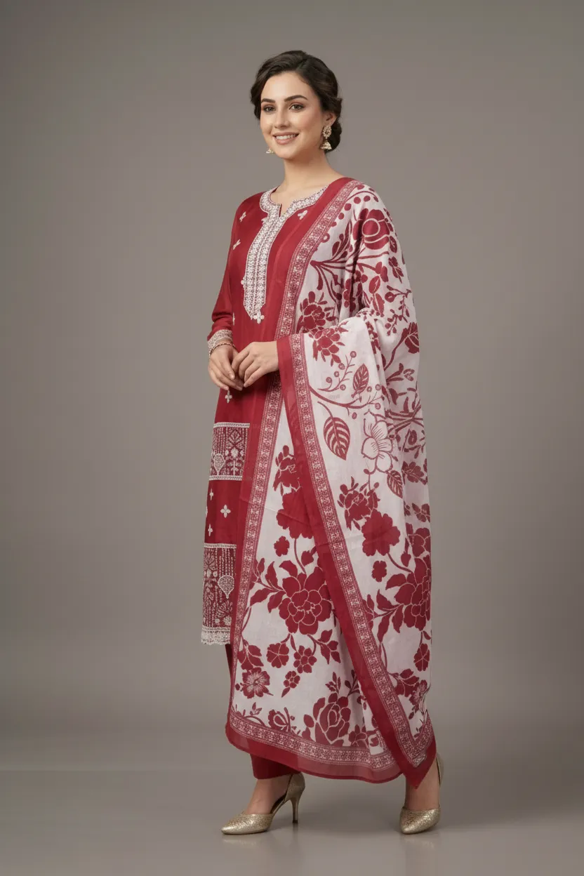 Mustard & Maroon Embroidered Mal Chanderi Dress Set with Printed Dupatta (M–XXL) - Image 6