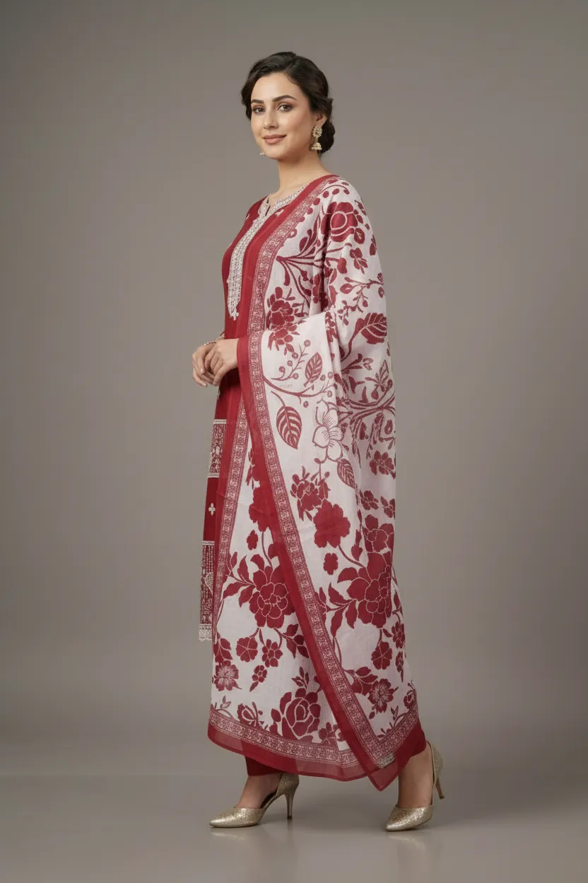 Mustard & Maroon Embroidered Mal Chanderi Dress Set with Printed Dupatta (M–XXL) - Image 7