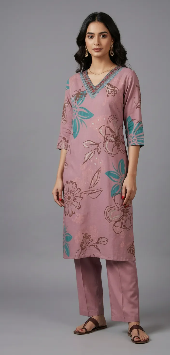 Purple Roman Printed Kurti Set with Embroidered Neck (L–XXL)
