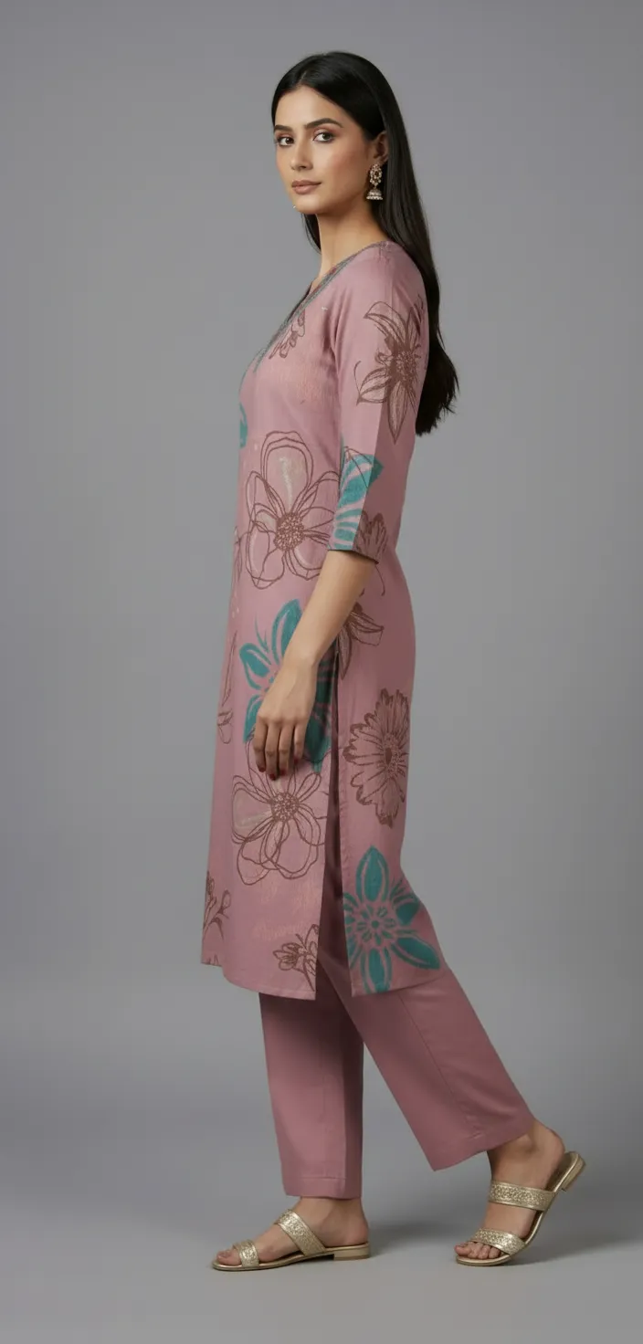 Purple Roman Printed Kurti Set with Embroidered Neck (L–XXL) - Image 3