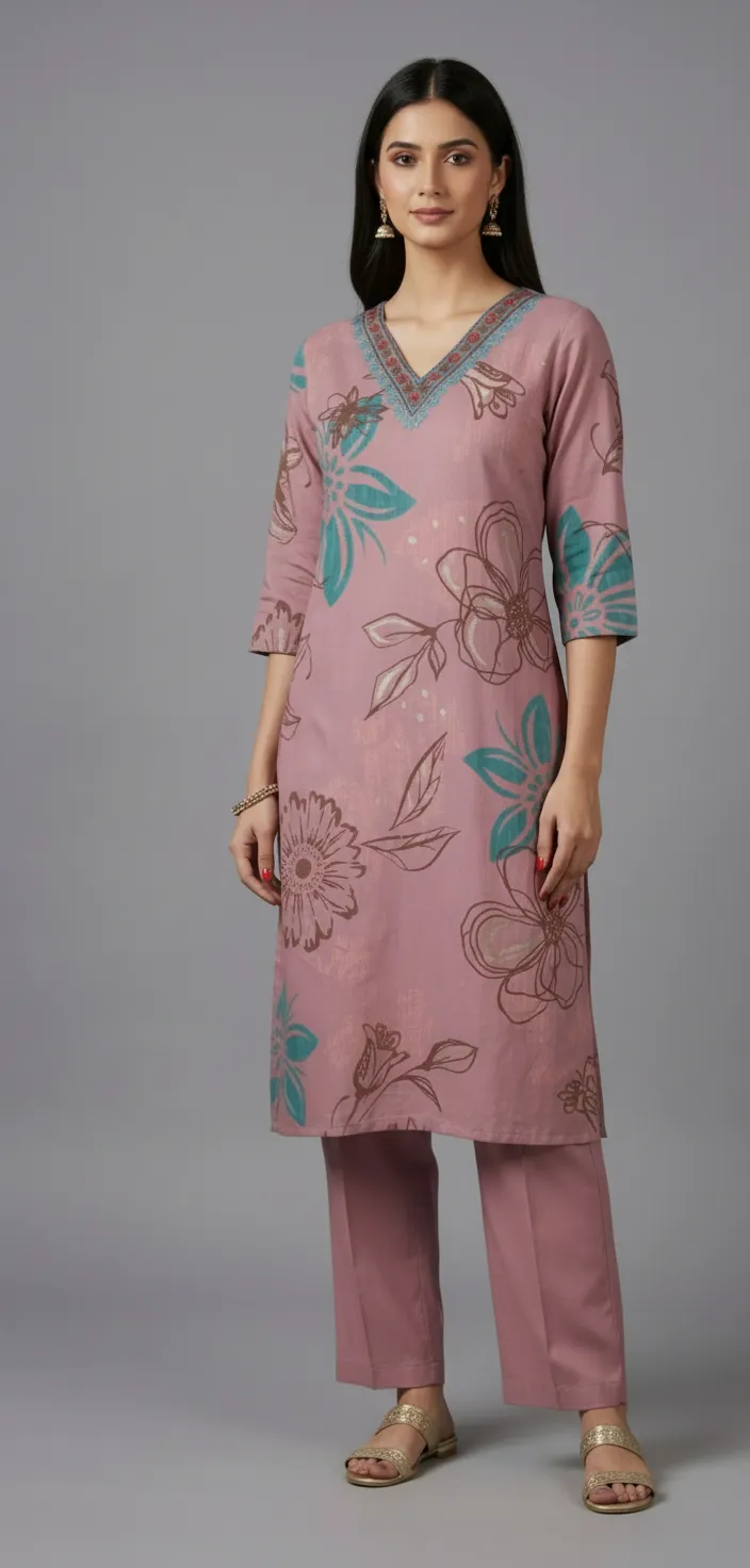 Purple Roman Printed Kurti Set with Embroidered Neck (L–XXL) - Image 4