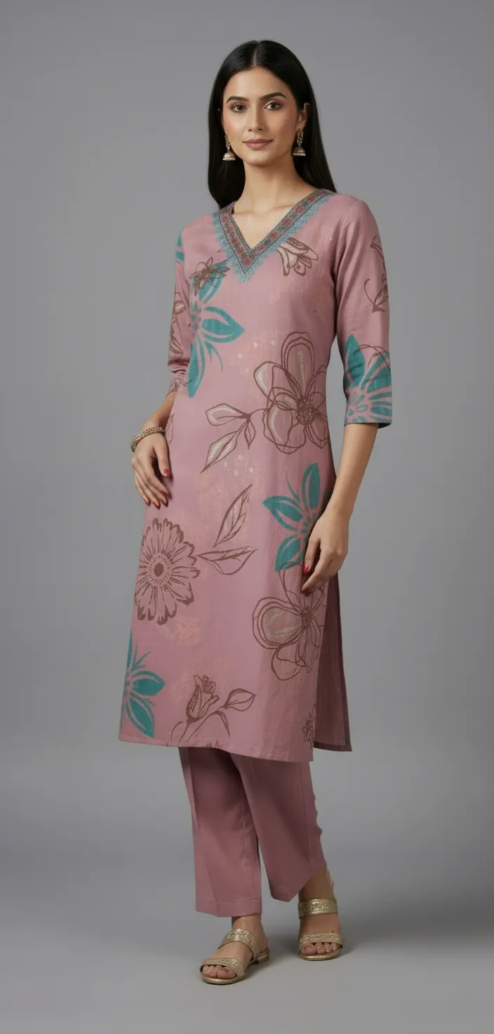 Purple Roman Printed Kurti Set with Embroidered Neck (L–XXL) - Image 5