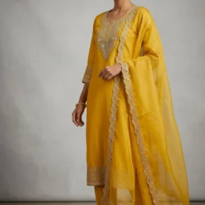 Glass Satin Embroidered Dress Set with Organza Dupatta (Sky Blue, Yellow, Peach, Light Green | M–XXL)