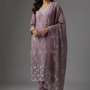 Premium Silk Two-Tone Dress Set with Digital Mal Dupatta (Purple/Pitch)