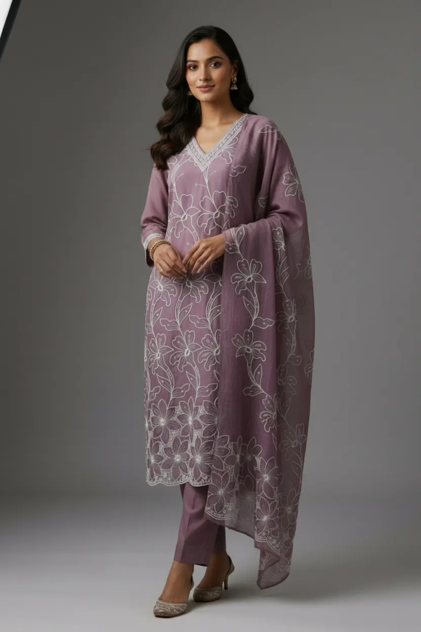 Premium Silk Two-Tone Dress Set with Digital Mal Dupatta (Purple/Pitch)