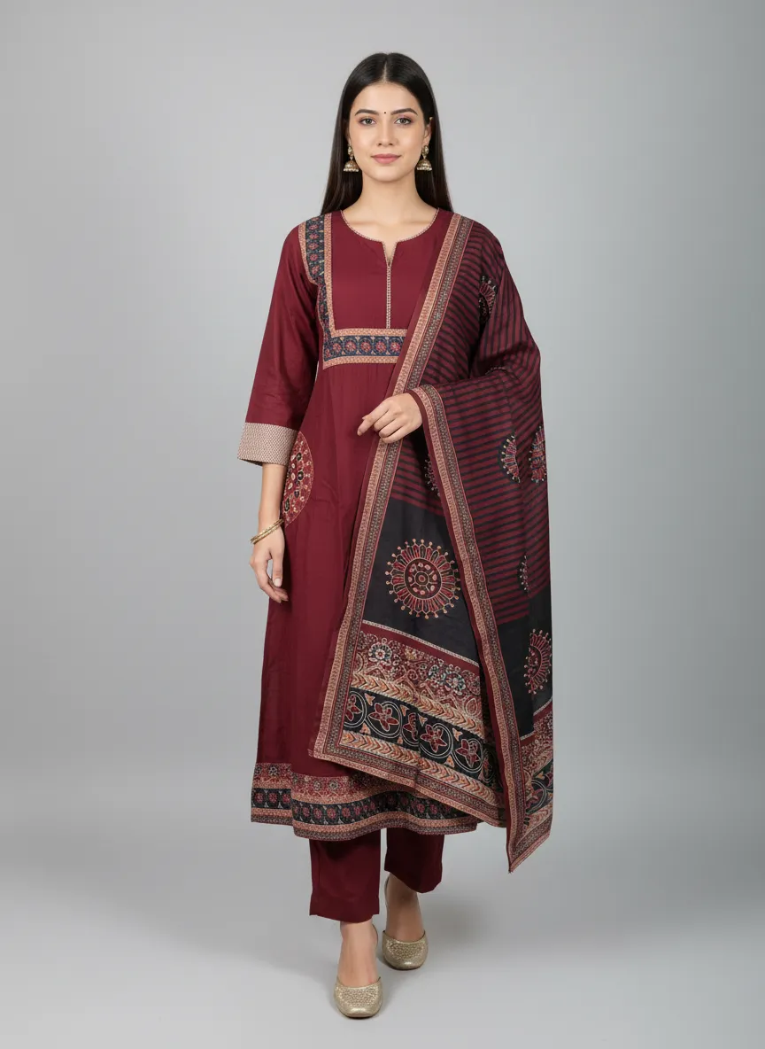 Mal Chanderi Dress Set with Digital Mal Dupatta (Maroon) - Image 2